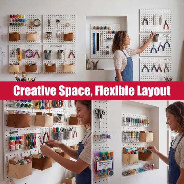 Alt view image 7 of 7 - 4 Pack Peg Board Organizer, Includes Metal PegBoard and Accessories 16"x12" White Pegboard Panels with 50 Pcs Hooks and Baskets, Wall Organizer for Office, Craft Room, Garage, Sewing Room