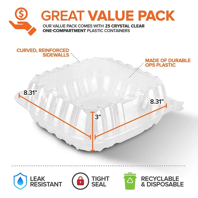 Alt view image 2 of 7 - Plastic 8 x 8 Inch Clamshell Takeout Tray (25 Count) Disposable Hinged Containers for Dessert, Salads, Pasta, Sandwiches & More