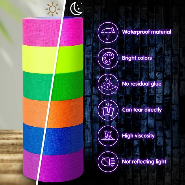 Alt view image 3 of 7 - 6 Colors Neon Gaffer Cloth Tape Fluorescent Rainbow Color UV Blacklight Tape Neon Duct Reflective Tapes for UV Party Theatres Staged Dark Areas(1 inch x 16.5 feet)