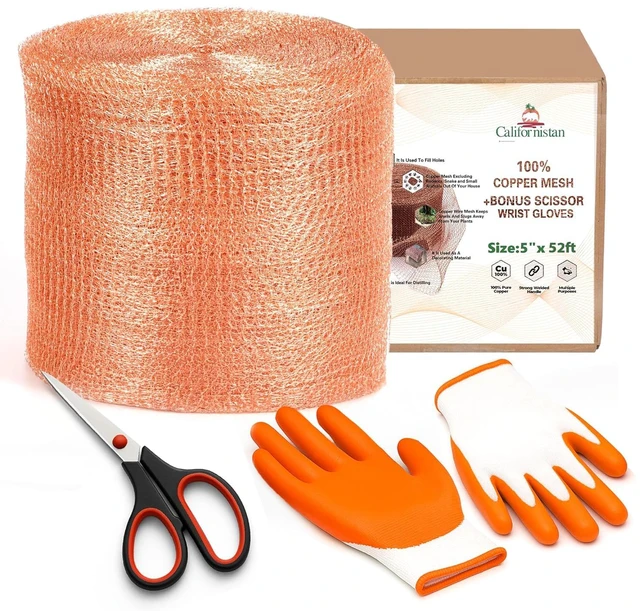 Main image of Copper Mesh Rodent Control Roll, 5 in x 52 ft, with Scissors and Gloves Rustproof Copper Mesh Roll for Rodent, Bat and Snail Control, Hole Blocking, Gardening and Sealing Water Openings, Pest