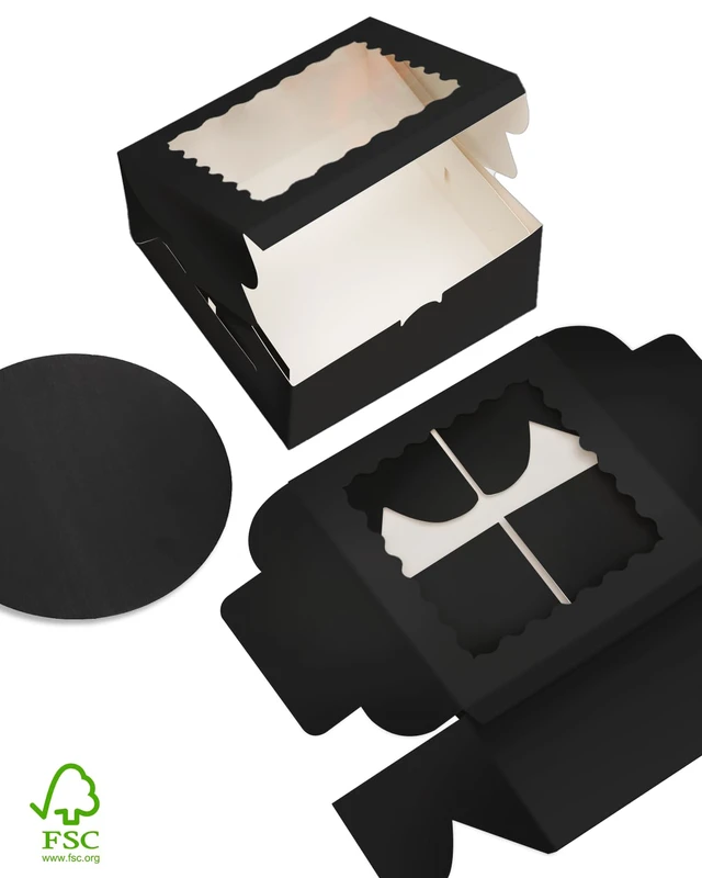 Alt view image 3 of 7 - 10"x10"x5" Cake Box, 36 Sets Black Cake Box with Window 36 Sets 10" Black Cake Round Boards, for Cake, Treat Cookie Dessert, Pastry, Birthday Party, Weddings