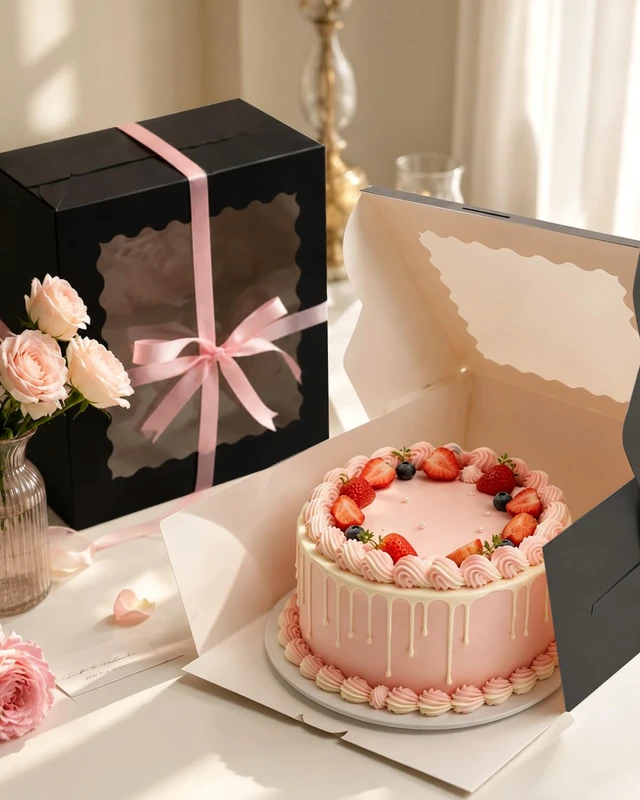 Alt view image 6 of 7 - 10"x10"x5" Cake Box, 36 Sets Black Cake Box with Window 36 Sets 10" Black Cake Round Boards, for Cake, Treat Cookie Dessert, Pastry, Birthday Party, Weddings