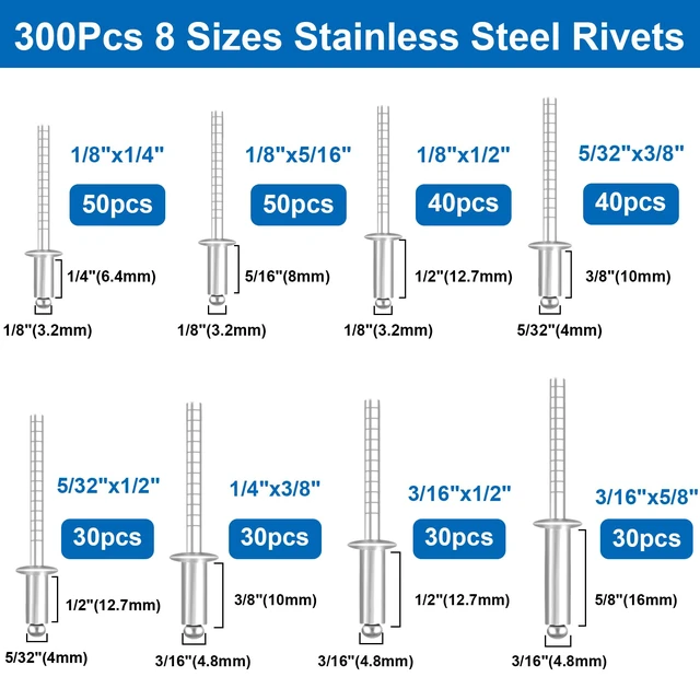 Alt view image 3 of 5 - 1280Pcs Stainless Steel Rivets with Pop Rivets with Washer 1/8Inch 5/32Inch 3/16Inch for Metal,Furniture,Automotive,Instrument