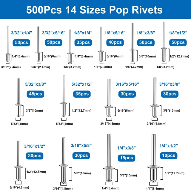 Alt view image 4 of 5 - 1280Pcs Stainless Steel Rivets with Pop Rivets with Washer 1/8Inch 5/32Inch 3/16Inch for Metal,Furniture,Automotive,Instrument