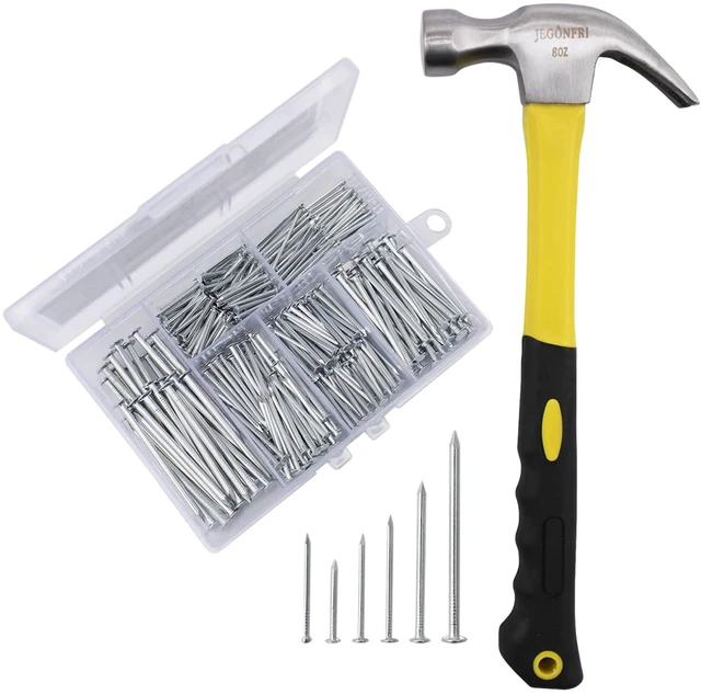 Main image of 376PCS Nails & Hammer Set, 8oz Hammer, 6 Nail Sizes for Hanging Pictures Rustproof Coating, Soft Non-Slip Grip, Perfect for Home Repairs, Woodworking, and Handmade Projects