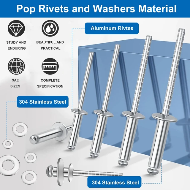 Alt view image 5 of 5 - 1280Pcs Stainless Steel Rivets with Pop Rivets with Washer 1/8Inch 5/32Inch 3/16Inch for Metal,Furniture,Automotive,Instrument