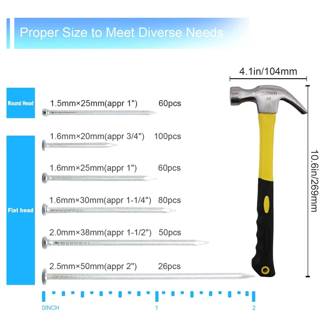 Alt view image 3 of 7 - 376PCS Nails & Hammer Set, 8oz Hammer, 6 Nail Sizes for Hanging Pictures Rustproof Coating, Soft Non-Slip Grip, Perfect for Home Repairs, Woodworking, and Handmade Projects