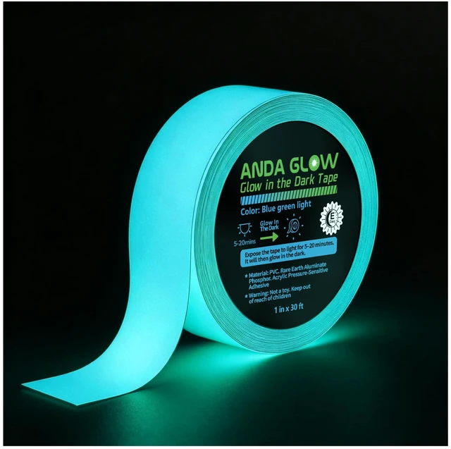 Main image of High Brightness Glow in the Dark Tape for Safety Marking, Art Craft DIY, Halloween Deco and Party Accessories. Non-Toxic Adhesive, Waterproof Rechargeable Luminous Tape Blue-Green Light (2 in X 30 ft)