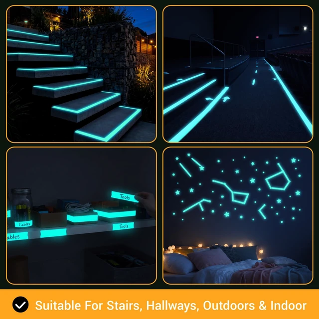 Alt view image 3 of 7 - High Brightness Glow in the Dark Tape for Safety Marking, Art Craft DIY, Halloween Deco and Party Accessories. Non-Toxic Adhesive, Waterproof Rechargeable Luminous Tape Blue-Green Light (2 in X 30 ft)