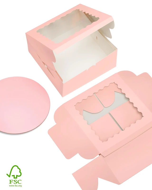 Alt view image 3 of 7 - 10"x10"x5" Cake Box, 36 Sets Pink Cake Box with Window 36 Sets 10" Pink Cake Round Boards, for Cake, Treat Cookie Dessert, Pastry, Birthday Party, Weddings