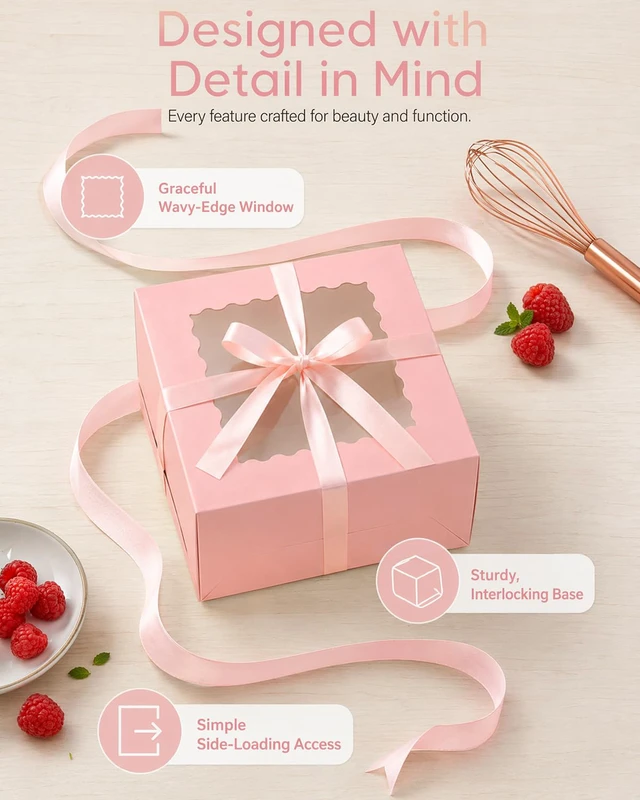 Alt view image 5 of 7 - 10"x10"x5" Cake Box, 36 Sets Pink Cake Box with Window 36 Sets 10" Pink Cake Round Boards, for Cake, Treat Cookie Dessert, Pastry, Birthday Party, Weddings