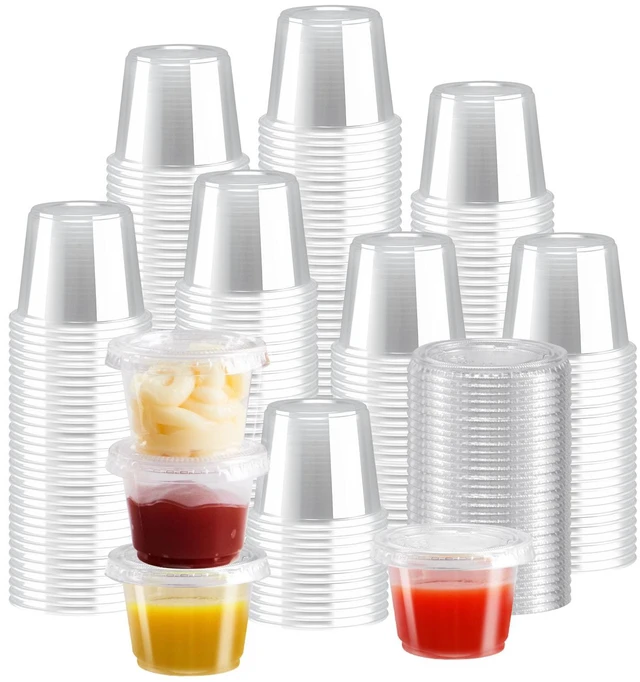 Main image of 500 Pack 1 oz Jello Shot Cups, Disposable Condiment Cups with Lids Clear Plastic Sauce Cups & Containers, Small Portion Souffle Cups for Dipping Sauce, Salad Dressing, Jello Shots & Takeout