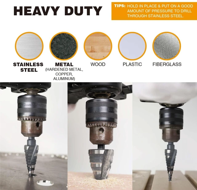 Alt view image 4 of 6 - 1/4"-1-3/8" M2 Step Drill Bit Unibit for Hole Drilling 5 Sizes M2 High Speed Steel; Fast, Clean Cuts in Stainless Steel, Copper, Aluminum, Wood, Plastic