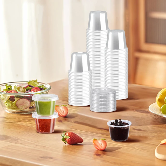 Alt view image 7 of 7 - 500 Pack 1 oz Jello Shot Cups, Disposable Condiment Cups with Lids Clear Plastic Sauce Cups & Containers, Small Portion Souffle Cups for Dipping Sauce, Salad Dressing, Jello Shots & Takeout