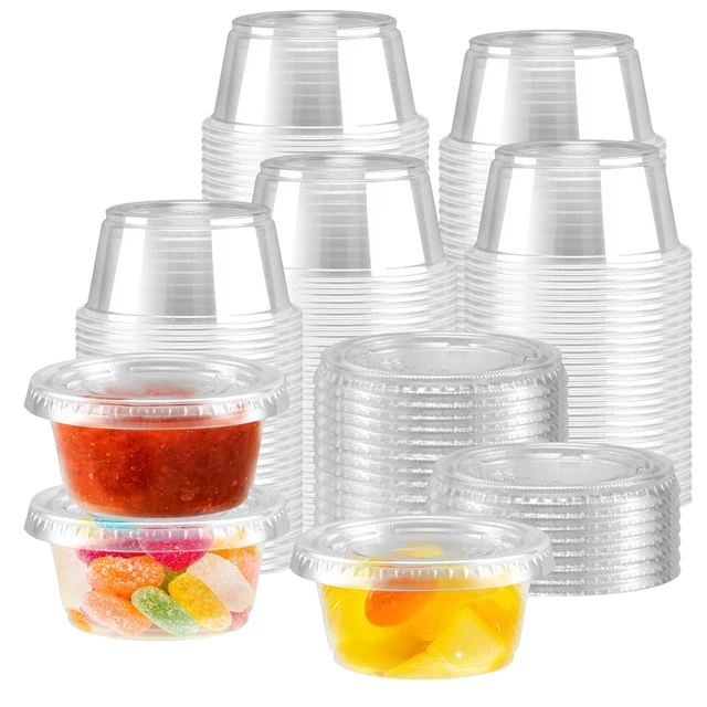 Main image of 400 Pack 2 oz Jello Shot Cups with Lids, Disposable Condiment Cups Clear Plastic Sauce Cups & Containers, Small Portion Souffle Cups for Dipping Sauce, Salad Dressing, Jello Shots & Takeout