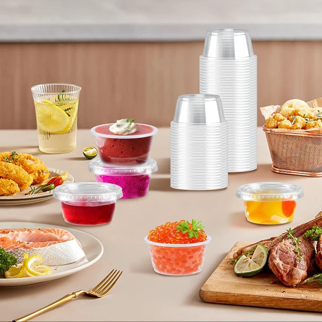 Alt view image 6 of 7 - 400 Pack 2 oz Jello Shot Cups with Lids, Disposable Condiment Cups Clear Plastic Sauce Cups & Containers, Small Portion Souffle Cups for Dipping Sauce, Salad Dressing, Jello Shots & Takeout