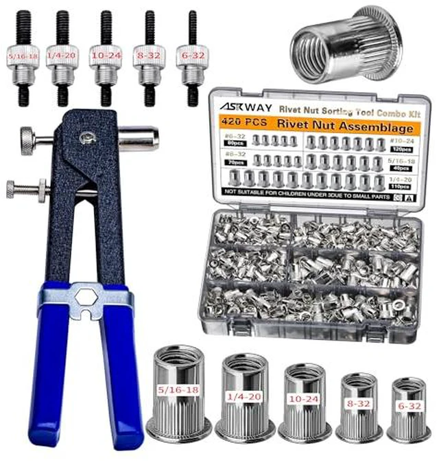 Main image of SAE Rivet Nut Tool 420pcs Imperial Carbon Steel Rivet Nut Tool Kit Threaded Rivet Nut5/16-181/4-2010-248-326-32, Suitable for Furnitur, Automotive, Marine and Industrial Applications
