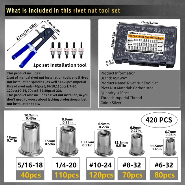Alt view image 2 of 2 - SAE Rivet Nut Tool 420pcs Imperial Carbon Steel Rivet Nut Tool Kit Threaded Rivet Nut5/16-181/4-2010-248-326-32, Suitable for Furnitur, Automotive, Marine and Industrial Applications