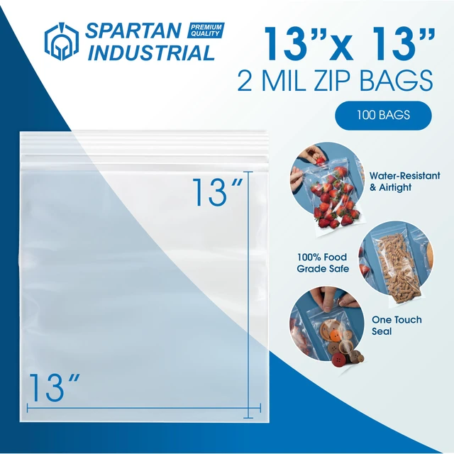 Alt view image 2 of 7 - 13" X 13" Large Zip Bags (100 Count) - 2 Mil Clear Reclosable Zipper Poly Bags for Clothing, Crafts, Food Storage, and Packaging