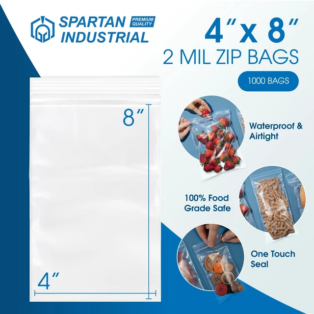 Alt view image 2 of 6 - 4 X 8 (1000 Count) 2 Mil Clear Reclosable Zip Plastic Poly Bags with Resealable Lock Seal Zipper