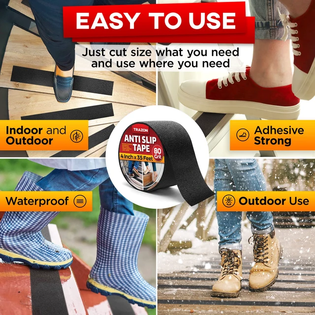 Alt view image 4 of 7 - Grip Tape - Heavy Duty Anti Slip Tape for Stairs Outdoor/Indoor Waterproof 4Inch x 35Ft Safety Non Skid Roll for Stair Steps Ramp Traction Tread Staircases Grips Adhesive Non Slip Strips Walk Black