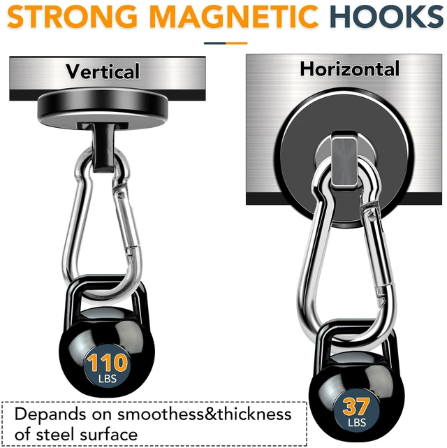 Alt view image 3 of 7 - Magnetic Hooks Heavy Duty 110LBS+ Strong Neodymium Magnets With Swivel Carabiner Hook Black Magnetic Hangers Magnet Hooks for Locker Home Cruise Cabin Office 10 Pack