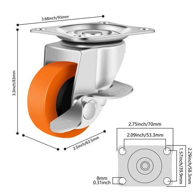 Alt view image 2 of 7 - Caster Wheels,2.5 Inch Plate Swivel Casters Set of 4 with Brake 360 Degree No Noise Wheels Industrial Casters Polyurethane Wheel, Locking Caster for Furniture Carts and Workbench Pack of 16