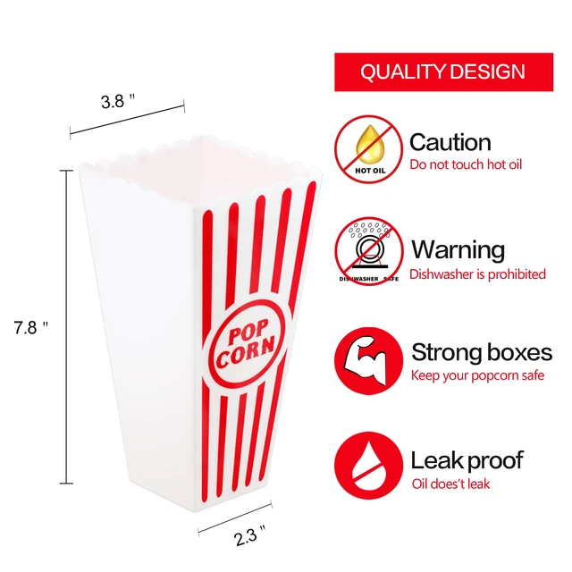 Alt view image 2 of 7 - Plastic Red & White Striped Classic Popcorn Containers for Movie Night - 7.8" Tall x 3.8" Square (16 Pack)