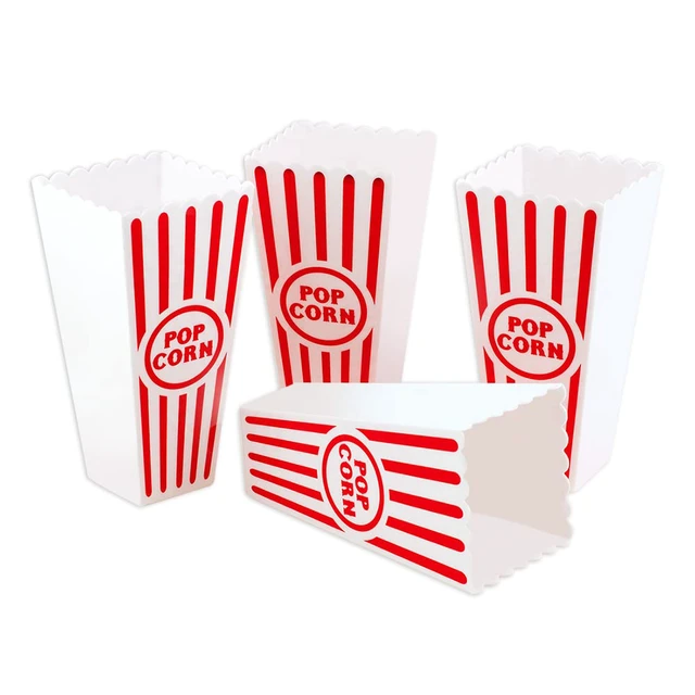 Alt view image 4 of 7 - Plastic Red & White Striped Classic Popcorn Containers for Movie Night - 7.8" Tall x 3.8" Square (16 Pack)