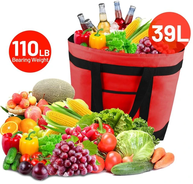 Alt view image 3 of 7 - 2PK Insulated Grocery Tote Bags with Top Zipper, Red, 39L Large Reusable Cooler Bags, Leak-Resistant Thermal Shopping Bag for Food Delivery, Beach, Travel, Picnic/Camping, Collapsible