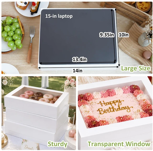 Alt view image 3 of 7 - 10pcs 14x10x4in Cake Boxes with Board, Rectangle Quarter Sheet Bakery Box Bakery Boxes with Window for Quarter Sheet Cake, Pastries, Donuts, Cookies, Cupcakes, Brownies & Pie Packaging