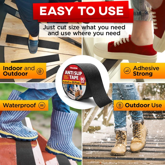 Alt view image 4 of 7 - Grip Tape - Heavy Duty Anti Slip Tape for Stairs Outdoor/Indoor Waterproof 4Inch x 50Ft Safety Non Skid Roll for Stair Steps Ramp Traction Tread Staircases Grips Adhesive Non Slip Strips Walk Black