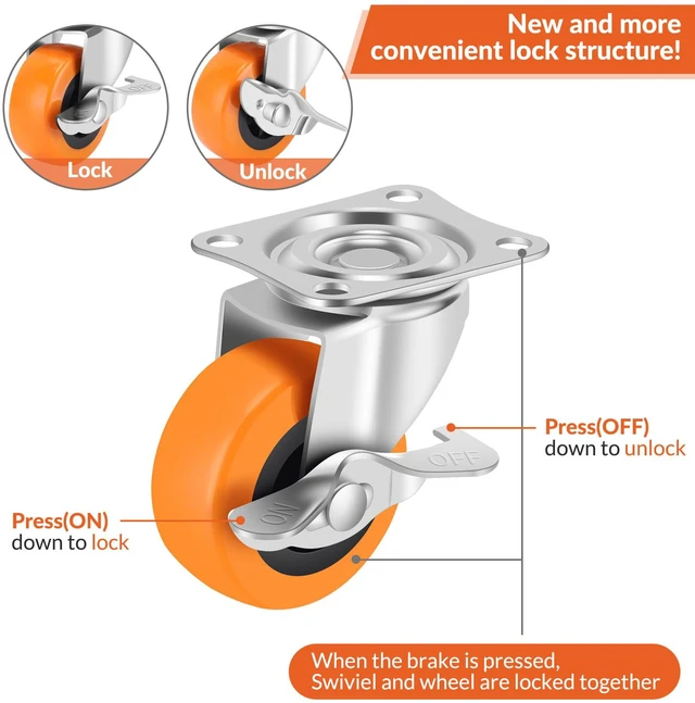 Alt view image 3 of 7 - Caster Wheels,2.5 Inch Plate Swivel Casters Set of 4 with Brake 360 Degree No Noise Wheels Industrial Casters Polyurethane Wheel, Locking Caster for Furniture Carts and Workbench Pack of 16