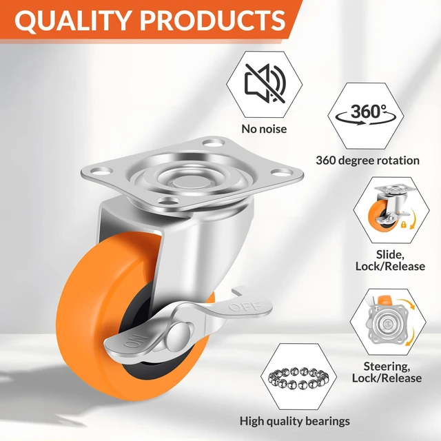 Alt view image 5 of 7 - Caster Wheels,2.5 Inch Plate Swivel Casters Set of 4 with Brake 360 Degree No Noise Wheels Industrial Casters Polyurethane Wheel, Locking Caster for Furniture Carts and Workbench Pack of 16