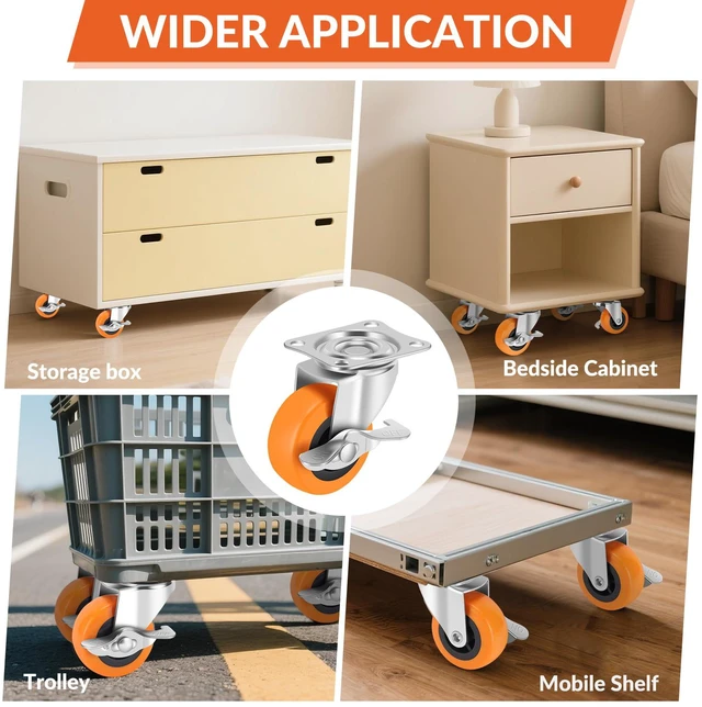 Alt view image 7 of 7 - Caster Wheels,2.5 Inch Plate Swivel Casters Set of 4 with Brake 360 Degree No Noise Wheels Industrial Casters Polyurethane Wheel, Locking Caster for Furniture Carts and Workbench Pack of 16