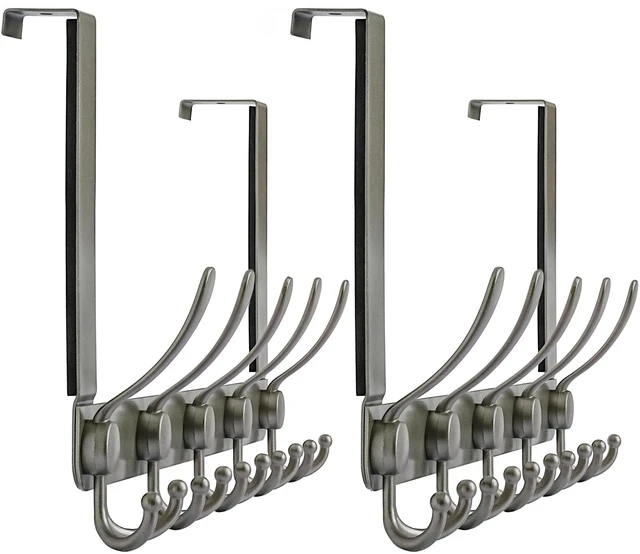 Main image of Over The Door Hook Hanger - Fits 1 3/8" to 1 3/4" Standard Doors | 5 Tri Hooks Heavy Duty Towel/Coat Rack | Door Organizer for Clothes, Jackets, Hats, Towels, Grey, Pack of 2