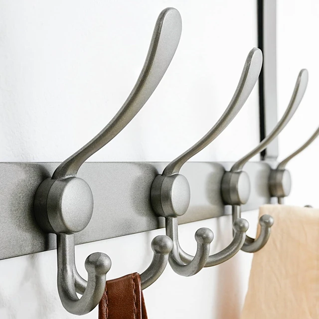 Alt view image 2 of 5 - Over The Door Hook Hanger - Fits 1 3/8" to 1 3/4" Standard Doors | 5 Tri Hooks Heavy Duty Towel/Coat Rack | Door Organizer for Clothes, Jackets, Hats, Towels, Grey, Pack of 2
