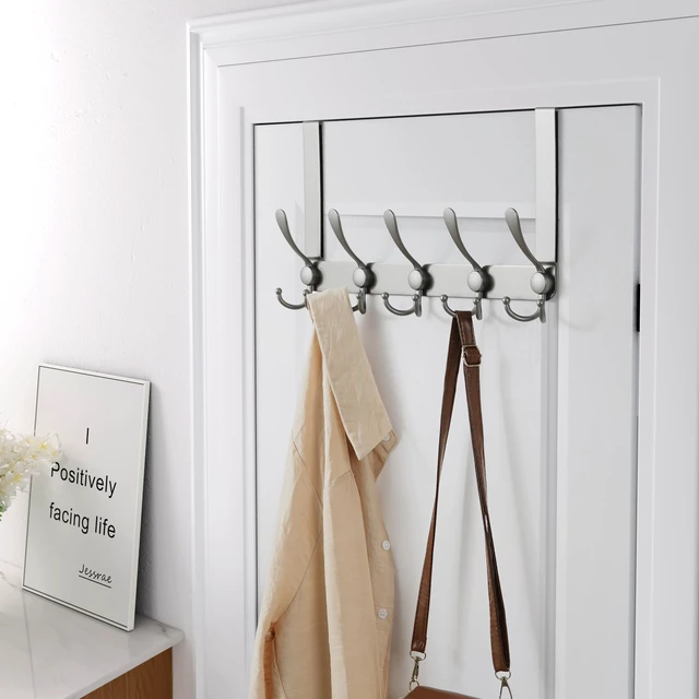Alt view image 3 of 5 - Over The Door Hook Hanger - Fits 1 3/8" to 1 3/4" Standard Doors | 5 Tri Hooks Heavy Duty Towel/Coat Rack | Door Organizer for Clothes, Jackets, Hats, Towels, Grey, Pack of 2
