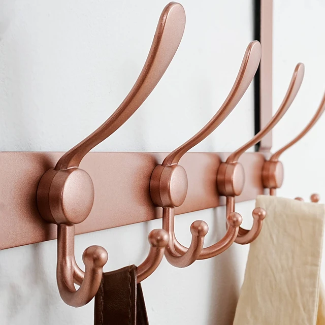 Alt view image 2 of 5 - Over The Door Hook Hanger - Fits 1 3/8" to 1 3/4" Standard Doors | 5 Tri Hooks Heavy Duty Towel/Coat Rack | Door Organizer for Clothes, Jackets, Hats, Towels, Rose Gold, Pack of 2
