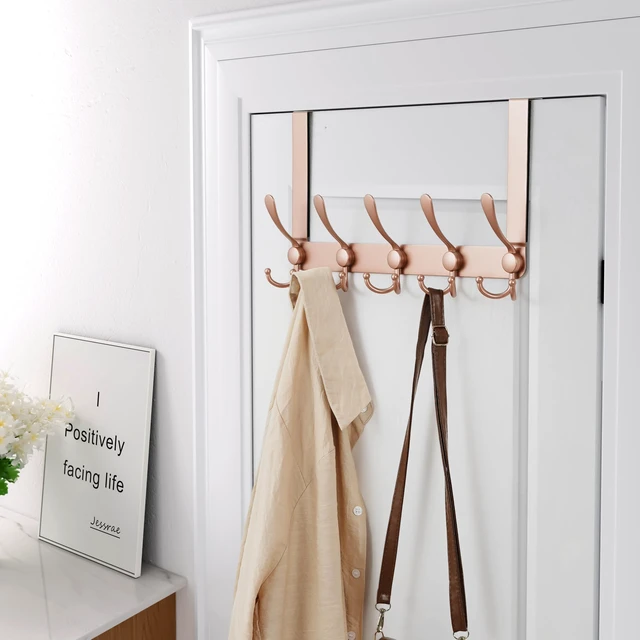 Alt view image 5 of 5 - Over The Door Hook Hanger - Fits 1 3/8" to 1 3/4" Standard Doors | 5 Tri Hooks Heavy Duty Towel/Coat Rack | Door Organizer for Clothes, Jackets, Hats, Towels, Rose Gold, Pack of 2