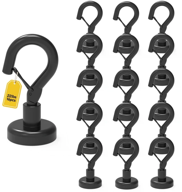 Main image of Magnetic Hooks Heavy Duty 22LBS Strong Magnet Snap Hooks 16 Pack Great Hanging for Refrigerator Cruise Cabin Grill Wreath Kitchen Office No Drilling Secure Hold Black
