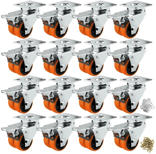 Main image of 2" Double Wheel Casters with Brake (16 Pack) Orange TPE, Heavy Duty, Non-Marking, Swivel Plate Dual Locking, For Garage Workshop Cart
