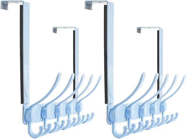 Main image of Over The Door Hook Hanger - Fits 1 3/8" to 1 3/4" Standard Doors | 5 Tri Hooks Heavy Duty Towel/Coat Rack | Door Organizer for Clothes, Jackets, Hats, Towels, Blue, Pack of 2