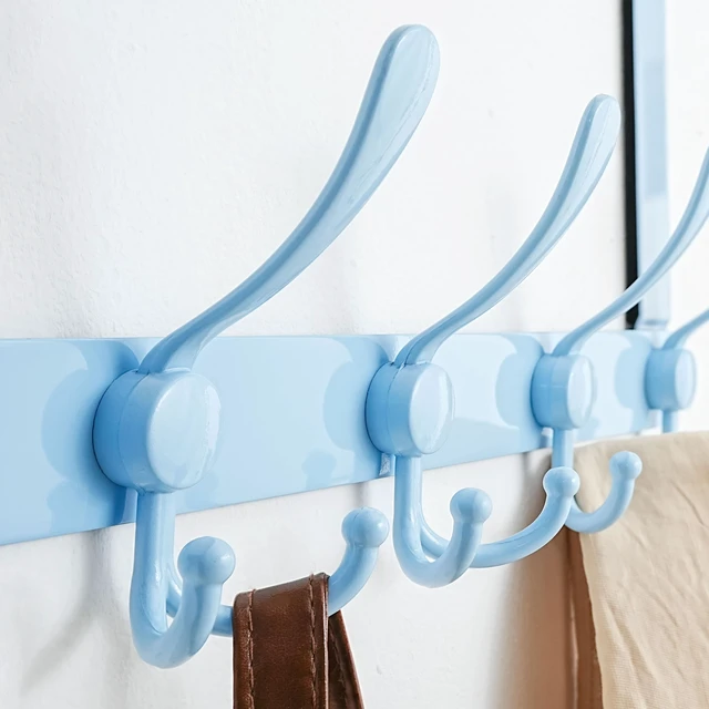 Alt view image 2 of 6 - Over The Door Hook Hanger - Fits 1 3/8" to 1 3/4" Standard Doors | 5 Tri Hooks Heavy Duty Towel/Coat Rack | Door Organizer for Clothes, Jackets, Hats, Towels, Blue, Pack of 2