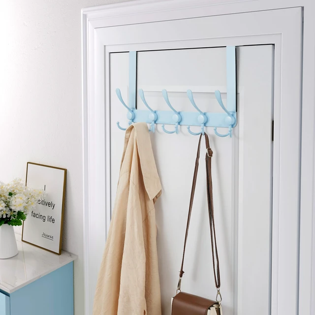 Alt view image 3 of 6 - Over The Door Hook Hanger - Fits 1 3/8" to 1 3/4" Standard Doors | 5 Tri Hooks Heavy Duty Towel/Coat Rack | Door Organizer for Clothes, Jackets, Hats, Towels, Blue, Pack of 2