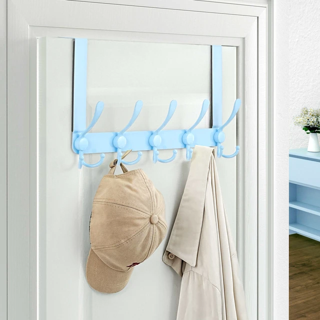 Alt view image 6 of 6 - Over The Door Hook Hanger - Fits 1 3/8" to 1 3/4" Standard Doors | 5 Tri Hooks Heavy Duty Towel/Coat Rack | Door Organizer for Clothes, Jackets, Hats, Towels, Blue, Pack of 2