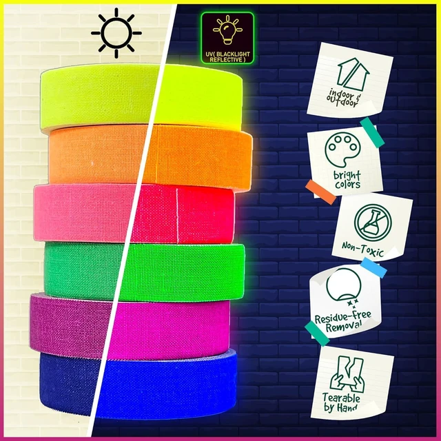 Alt view image 2 of 7 - 6-Pack Neon Gaffer Tape - 0.6 or 1 inch UV Blacklight Reactive Glow in The Dark Tape, Best for Parties, Dance Floors, Theaters & DIY Projects - 6 Vibrant Colors (0.6 inch x 15 feet)