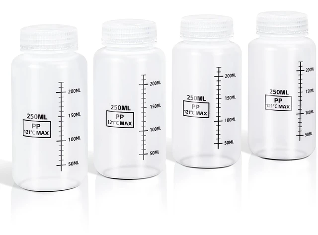 Main image of Plastic Bottles with Airtight Caps 8oz/250ml, Food Grade Wide Mouth Liquid Containers, Reusable HDPE Graduated Plastic Bottles for Water Sample Lab Reagent Liquids Mixing (Translucent, 4 Pcs)