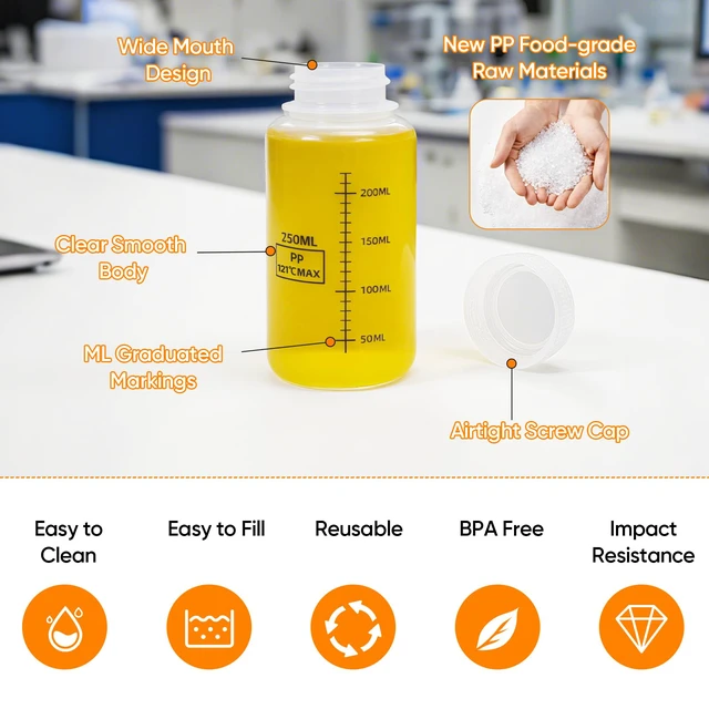 Alt view image 7 of 7 - Plastic Bottles with Airtight Caps 8oz/250ml, Food Grade Wide Mouth Liquid Containers, Reusable HDPE Graduated Plastic Bottles for Water Sample Lab Reagent Liquids Mixing (Translucent, 4 Pcs)
