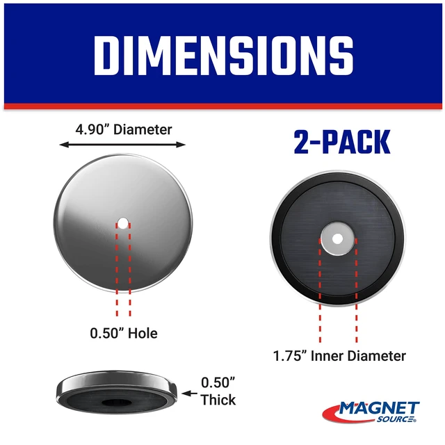 Alt view image 2 of 7 - Ceramic Round Base Magnet Pack - Heavy-Duty Strong Magnets - 200 lb Pull Each - for Indoor and Outdoor Use - Chrome-Plated - 4.90" Diameter - 0.50" Hole - 0.50" Thick - 2-Pack